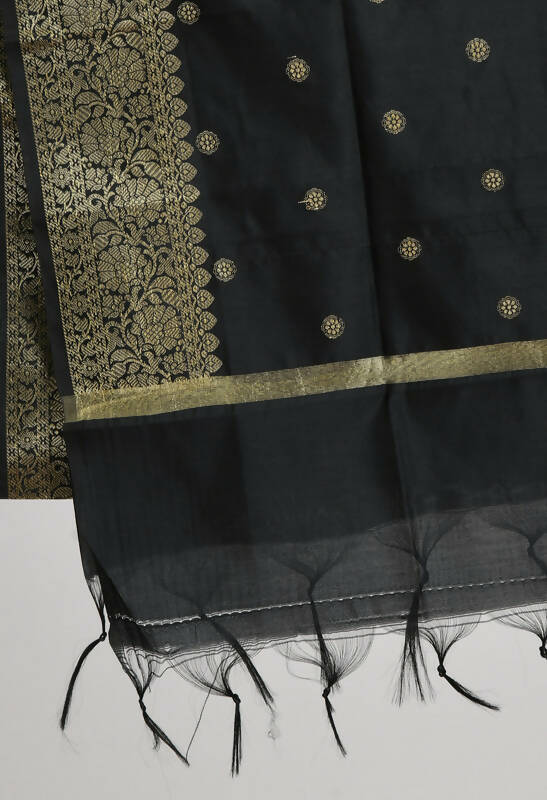 Women's Black Banarsi Silk Woven Dupatta with Gold Accents