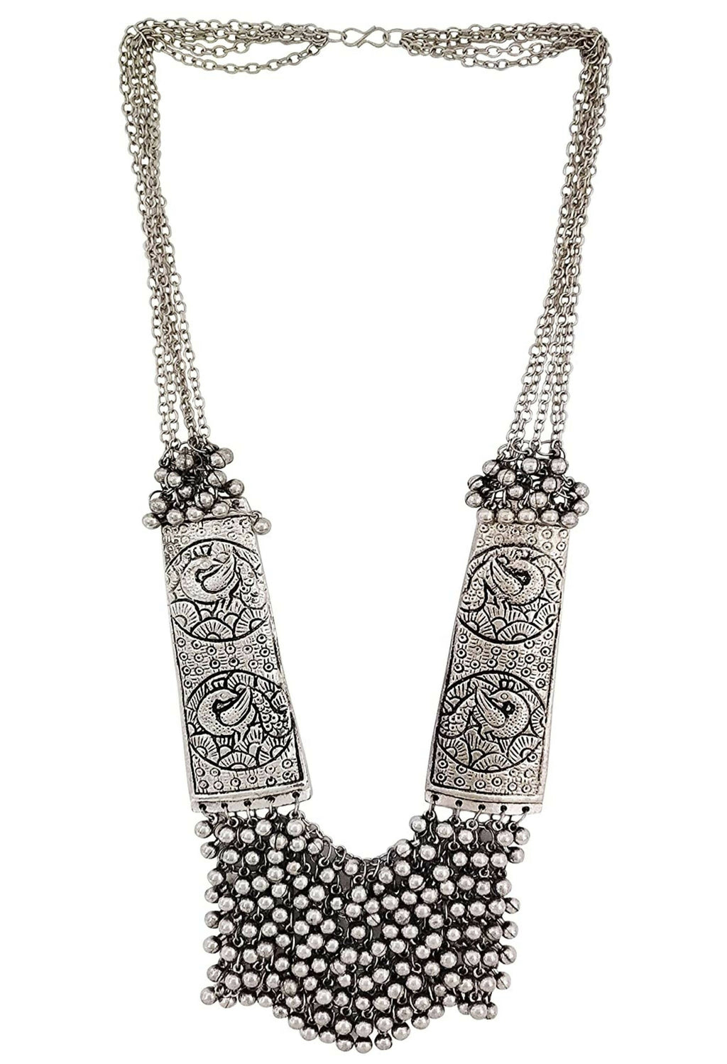 Oxidised silver-plated long statement necklace with ghungroo details for women and girls