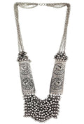Oxidised silver-plated long statement necklace with ghungroo details for women and girls