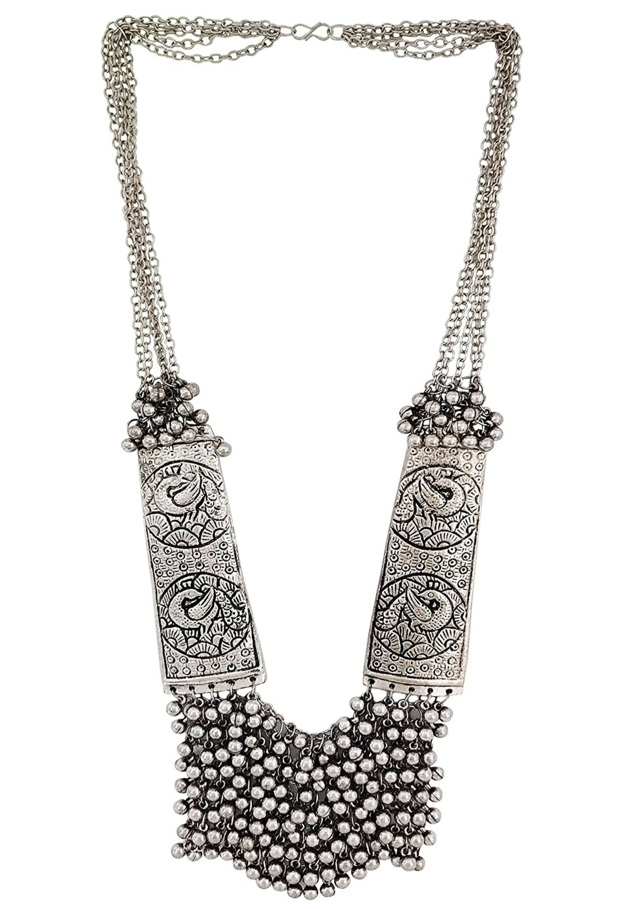 Oxidised silver-plated long statement necklace with ghungroo details for women and girls