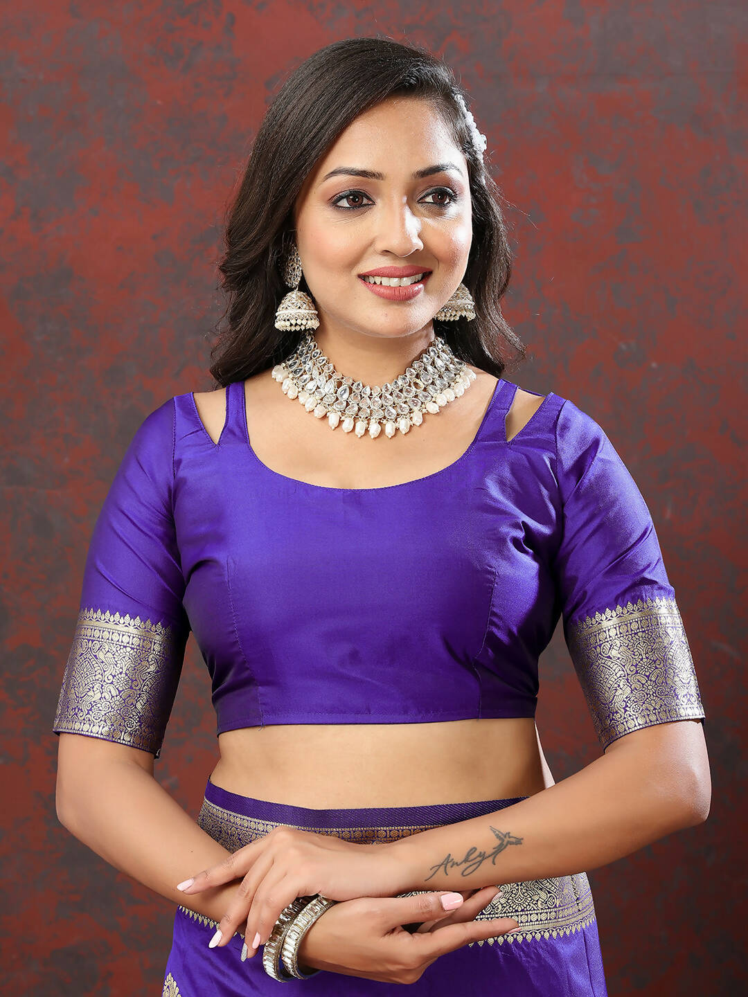 Purple Soft Silk Saree with Gold Zari Weaving Detail