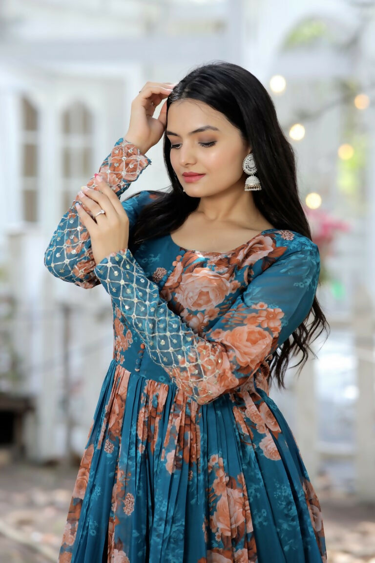 Teal Faux Georgette Anarkali Dress with Sequence Zari Embroidery