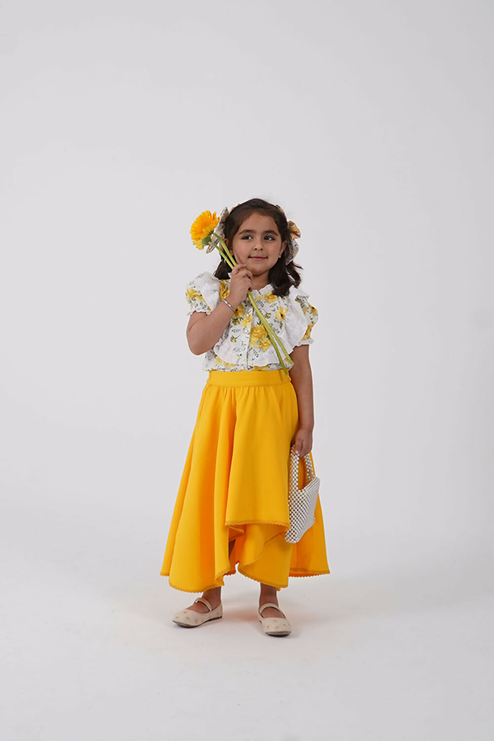 Girls Floral Puff Sleeve Top and High-Low Flared Skirt Set