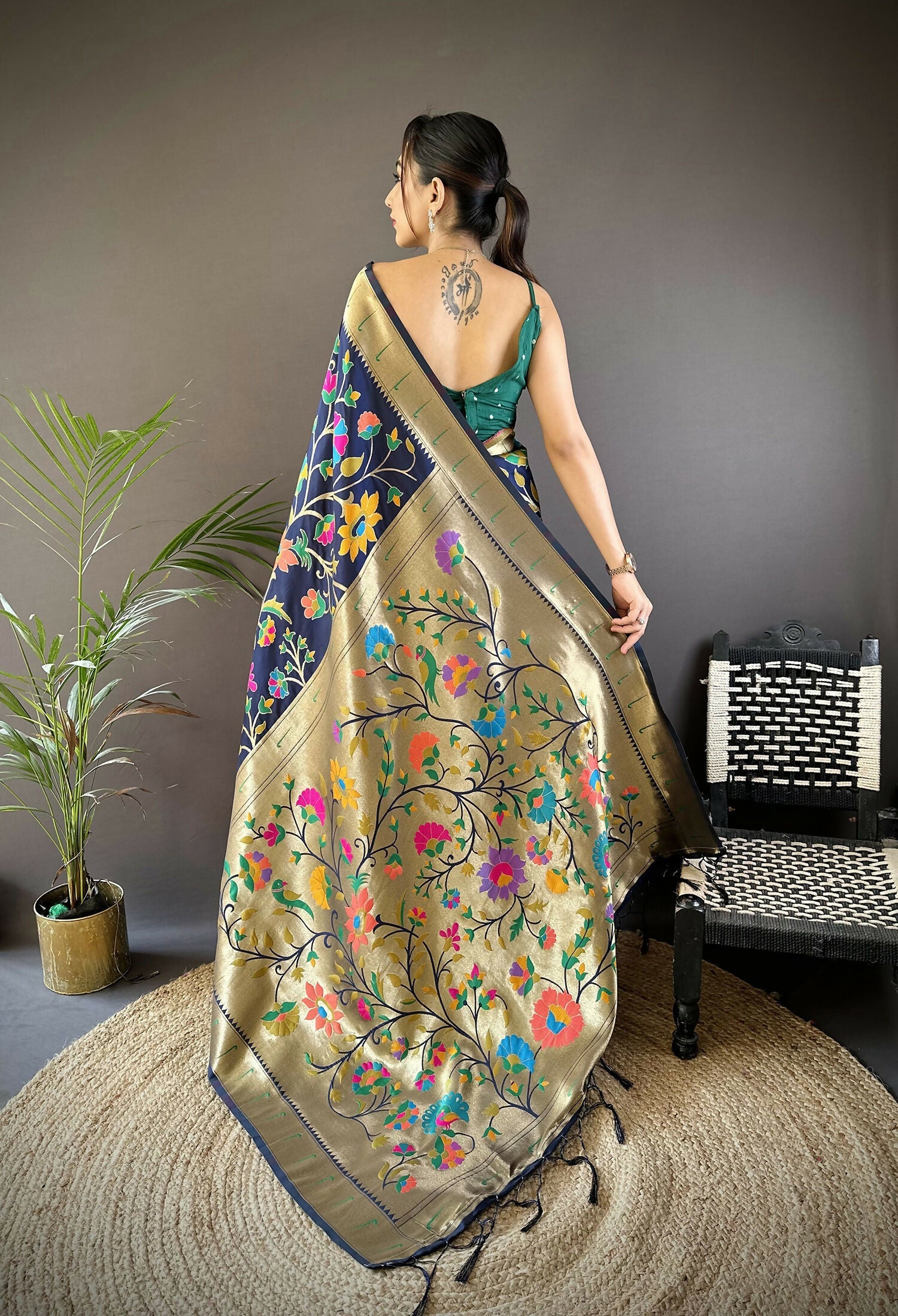 Navy Blue Zari Woven Floral Motif Soft Silk Paithani Saree