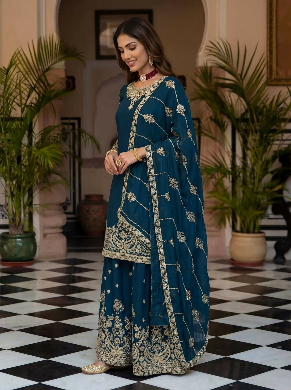 Teal Silk Embroidered Sharara Set - Luxurious Ethnic Ensemble