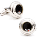 A pair of silver rhodium-plated cufflinks featuring a glass casing containing miniature rolling dice.