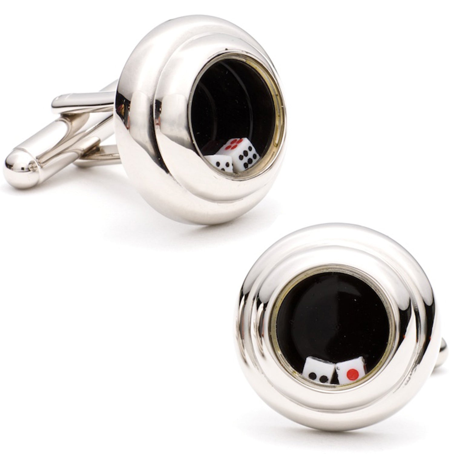 A pair of silver rhodium-plated cufflinks featuring a glass casing containing miniature rolling dice.