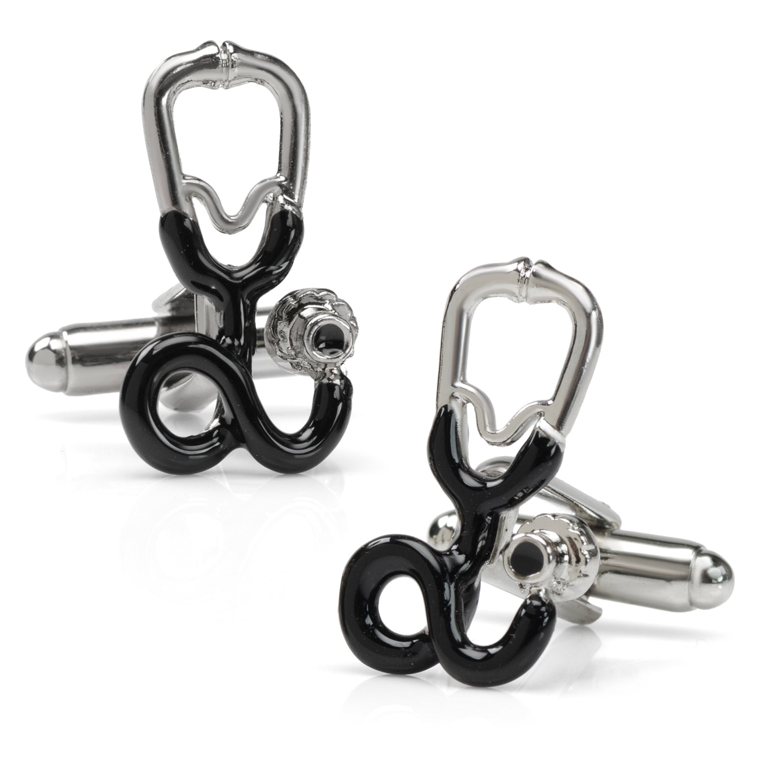 Silver and black stethoscope shaped cufflinks displayed on a white surface