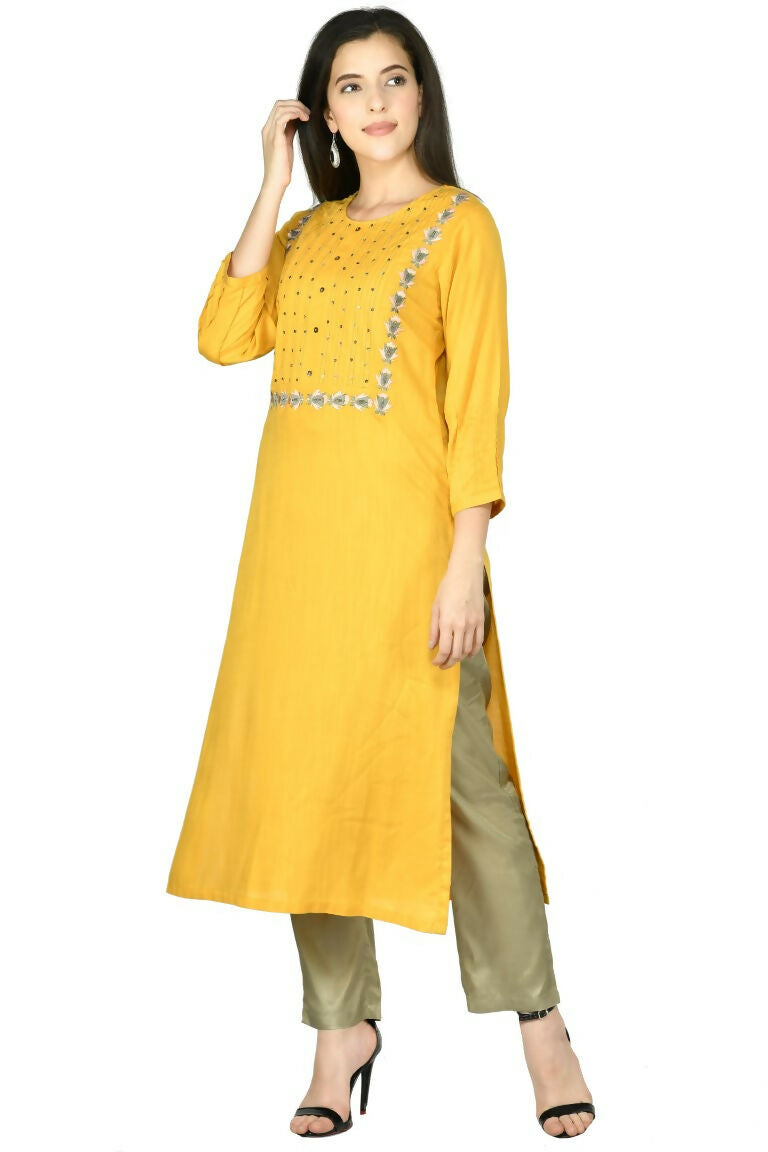 Mustard Cotton Rayon 3-Piece Kurta Set with Dupatta