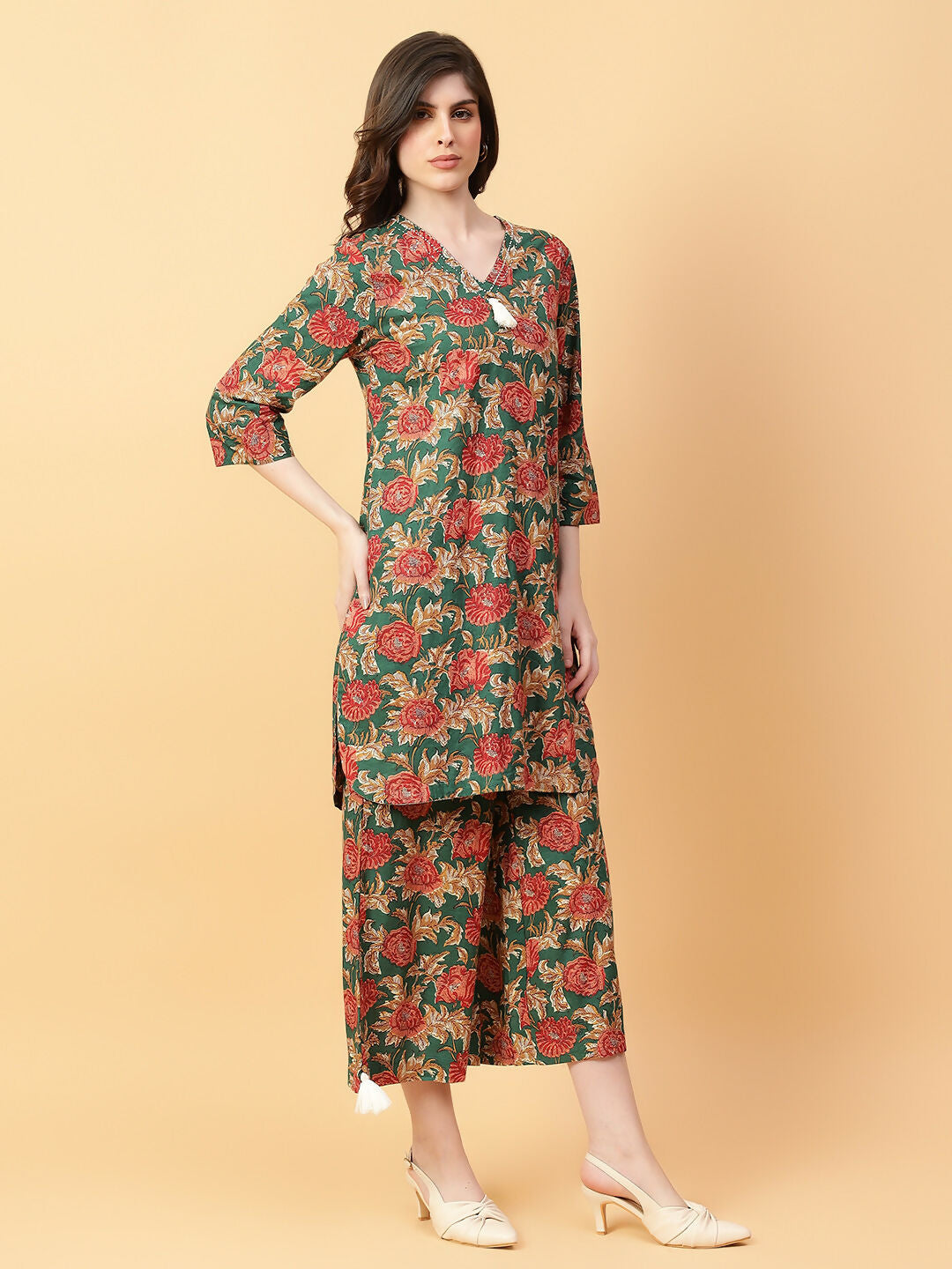 Green Printed Cotton Co-ord Set with Hand Work Detail