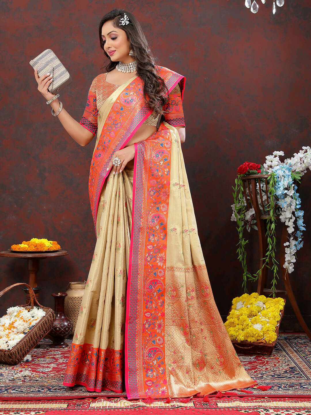 Cream Kanjivaram Silk Saree with Traditional Zari Woven Design