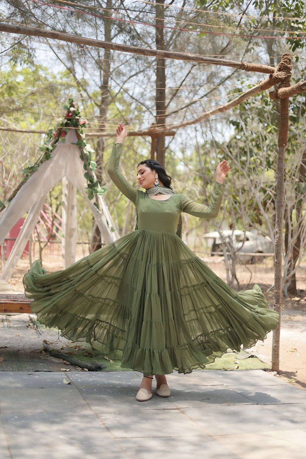 Mehandi Green Georgette Kurta Set with Silver Sequence Embroidery