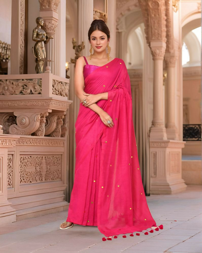 A trendy vibrant Magenta Pink cotton saree suitable for formal and casual occasions.