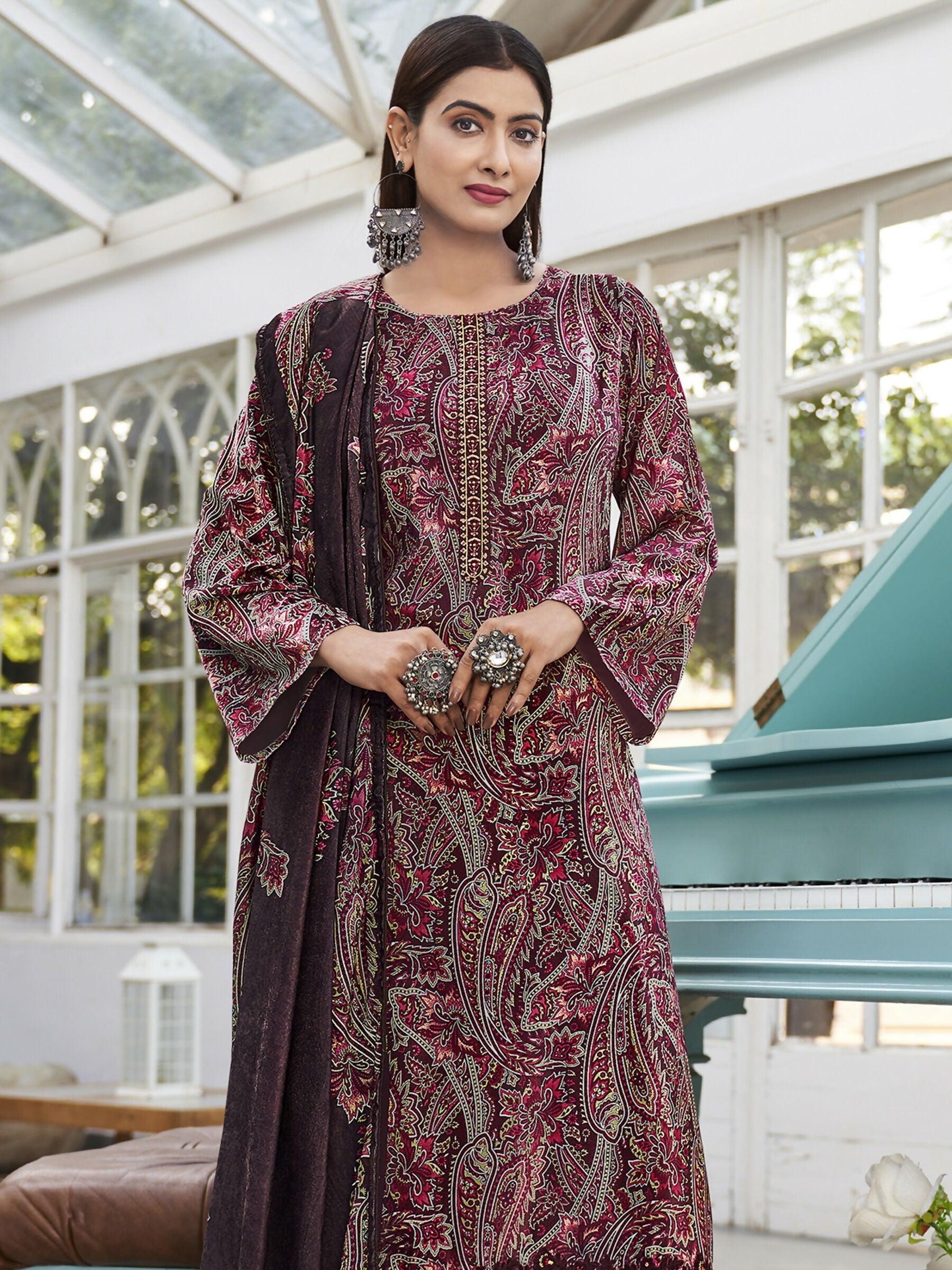 Wine Velvet Straight Kurta Set with Resham Thread Work and Dupatta