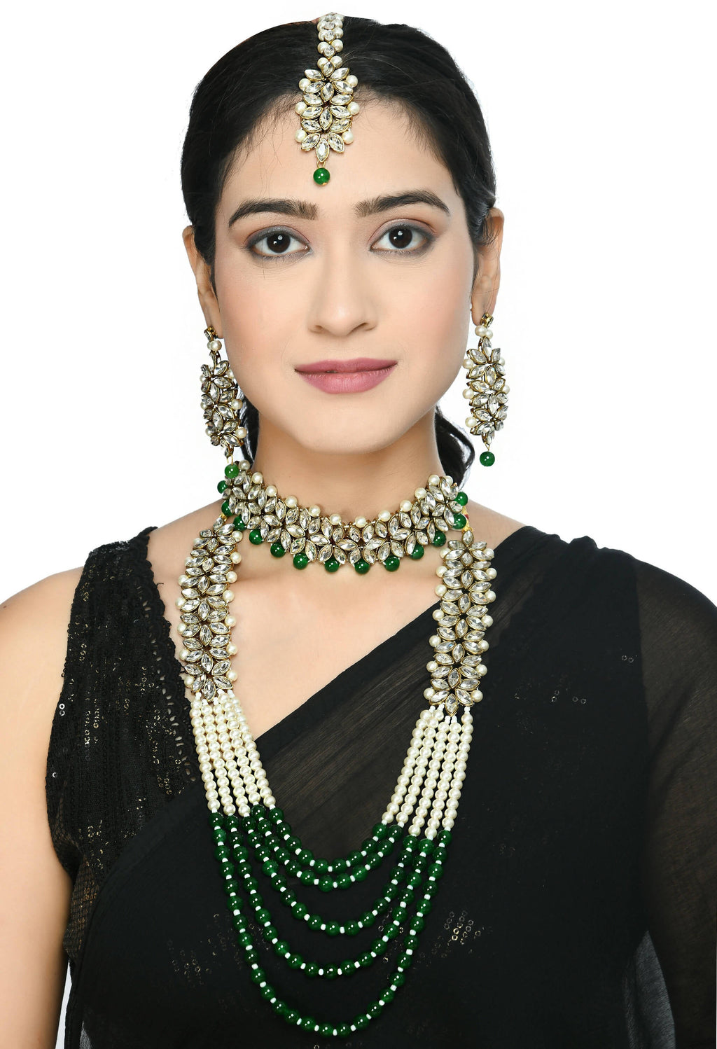 Johar Kamal Gold-Polished Rani Haar Necklace with Green & Off-White Pearls