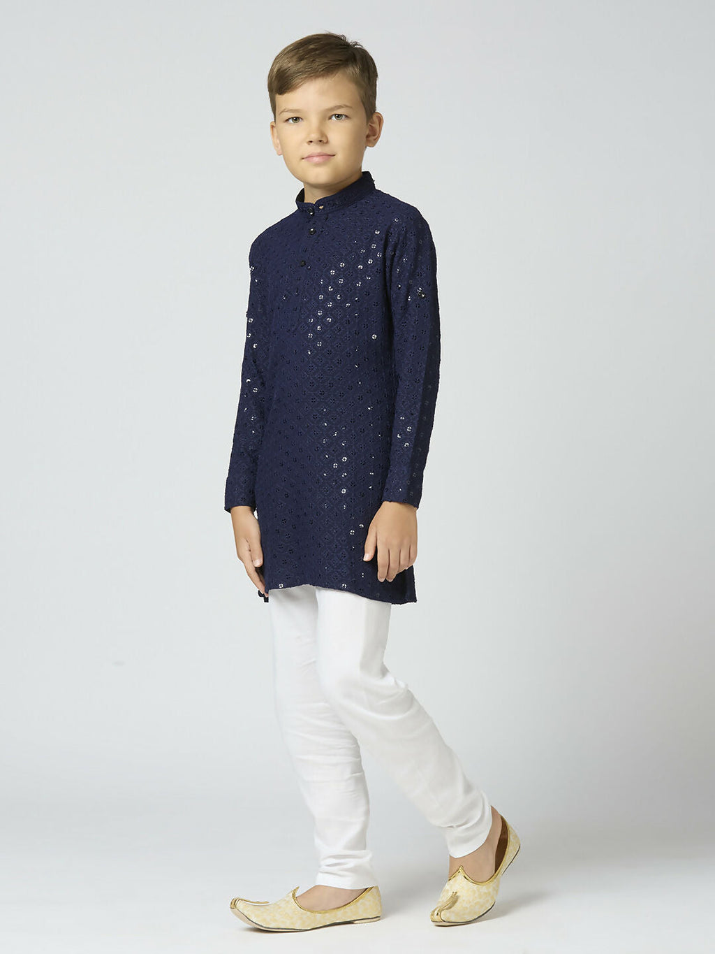 Boys Navy Blue Cotton Kurta and Pyjama Set with Sequin Embellishment