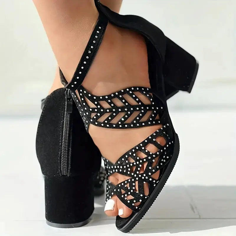 Women's Black Cutout Fish Mouth Sandals with Block Heels - Image 6