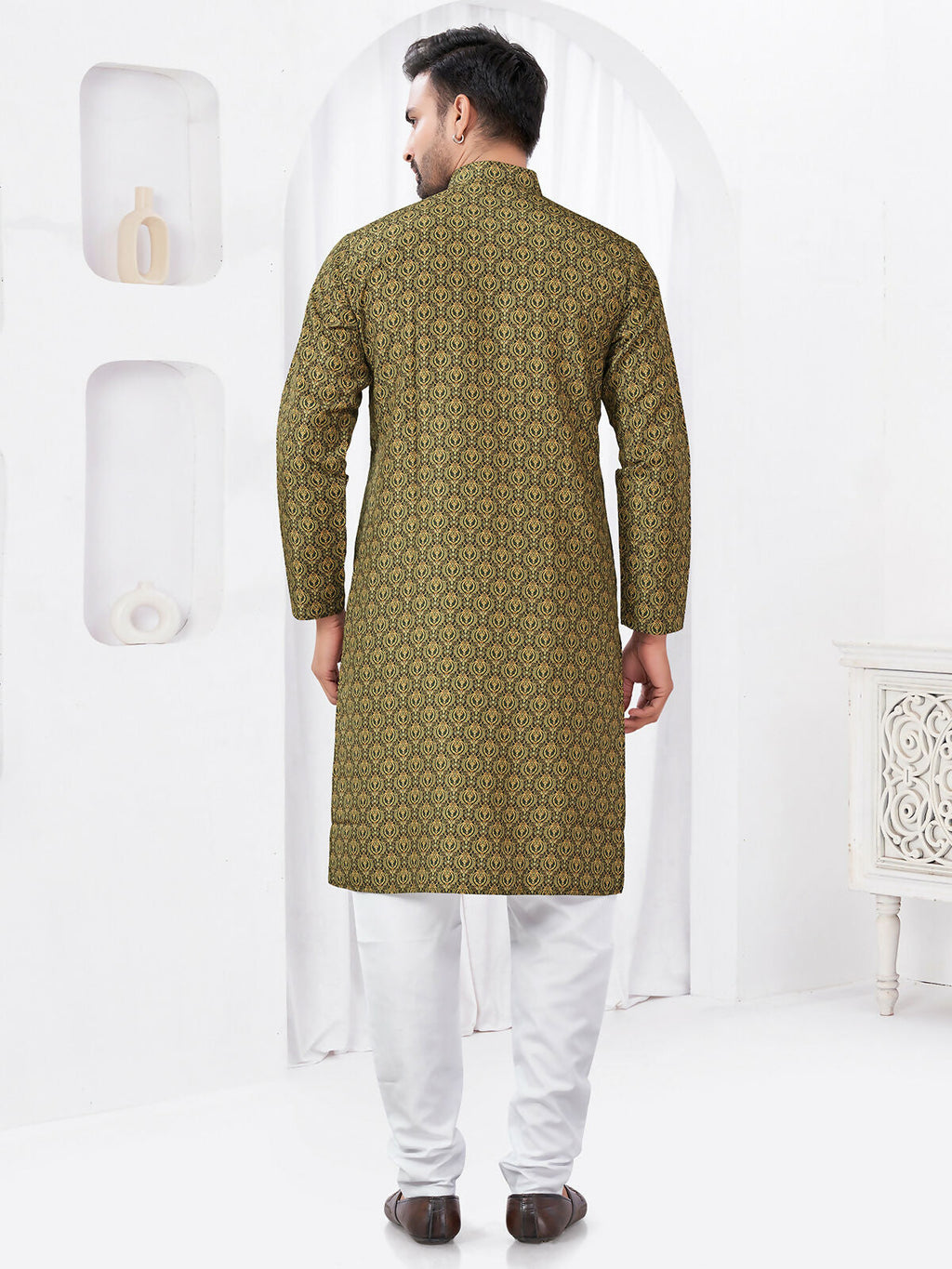 Boys Olive Printed Kurta Pyjama Set for Festive Comfort