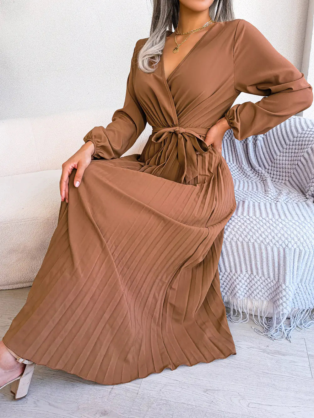 Women's V-Neck Long Sleeve Pleated Maxi Dress with Tie Waist - Image 27