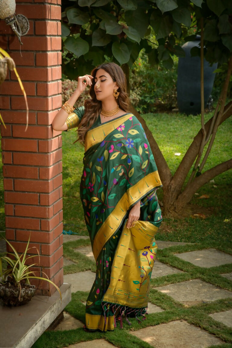 Bottle Green Paithani Silk Saree with Matching Blouse Piece