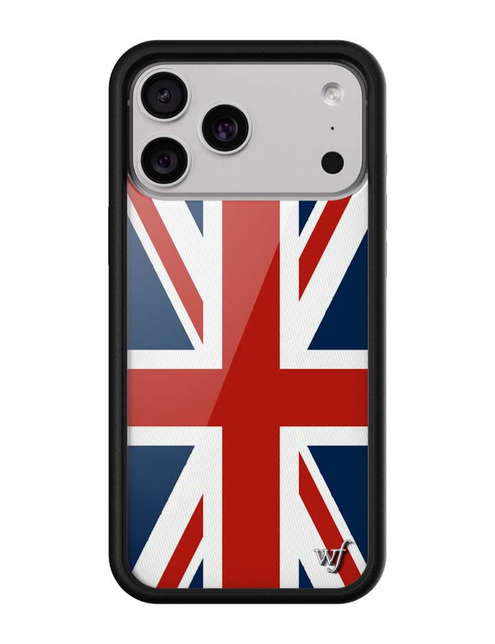 Close up of a Union Jack flag design phone case with black rubber bumpers and silver WF logo
