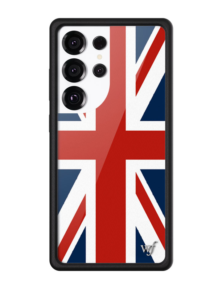Samsung Galaxy phone case featuring a Union Jack flag pattern with a black rubber bumper and silver WF logo.