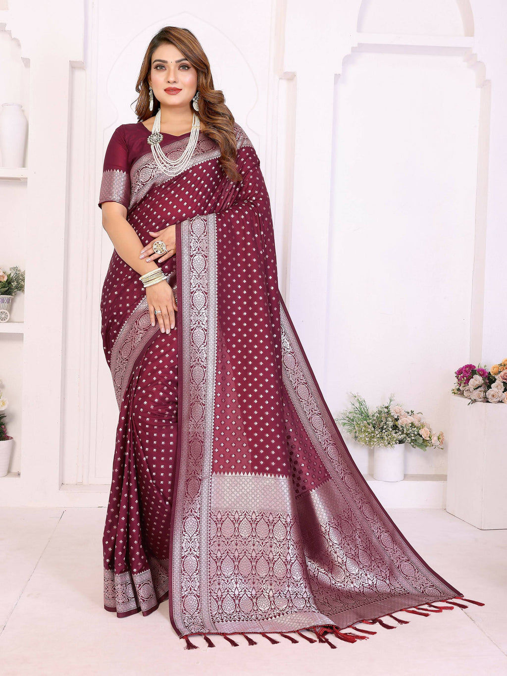Wine colored georgette silk saree with intricate gold zari weaving detail