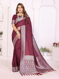 Wine colored georgette silk saree with intricate gold zari weaving detail