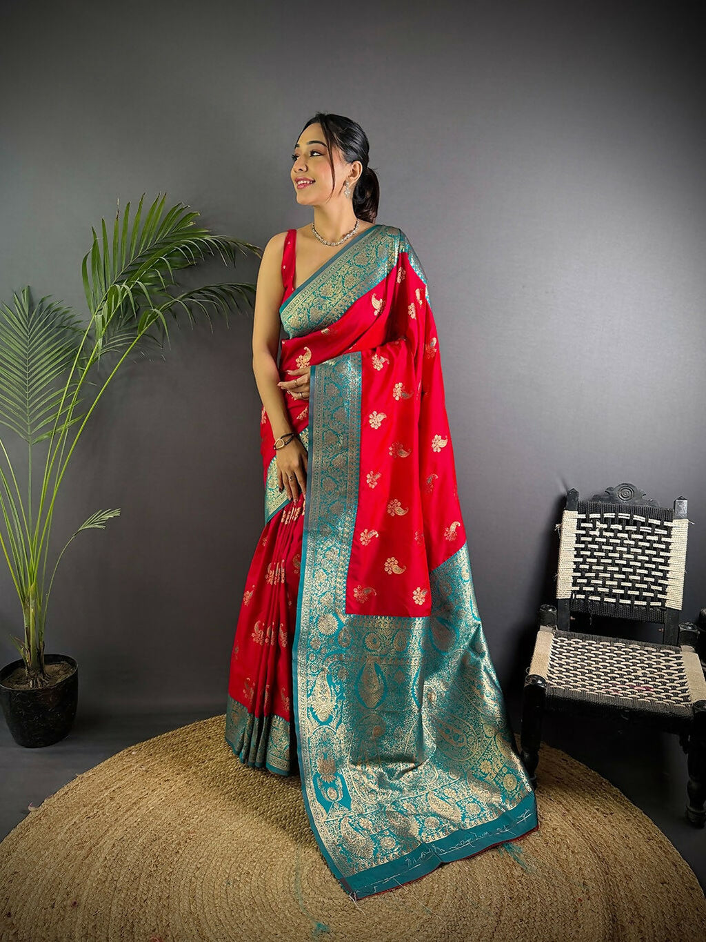 Vibrant Red Banarasi soft silk saree with intricate woven butti details