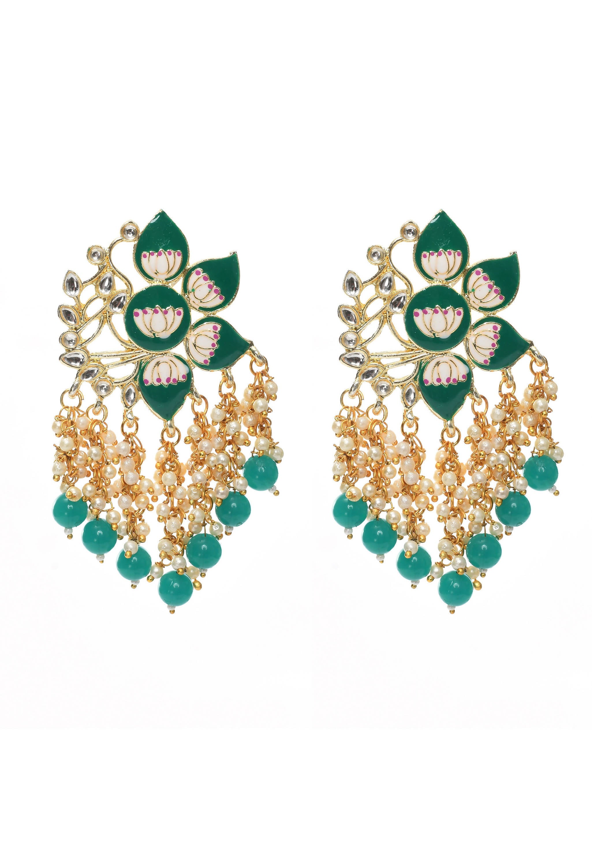 Gold-polished Kundan earrings with green Meenakari detail