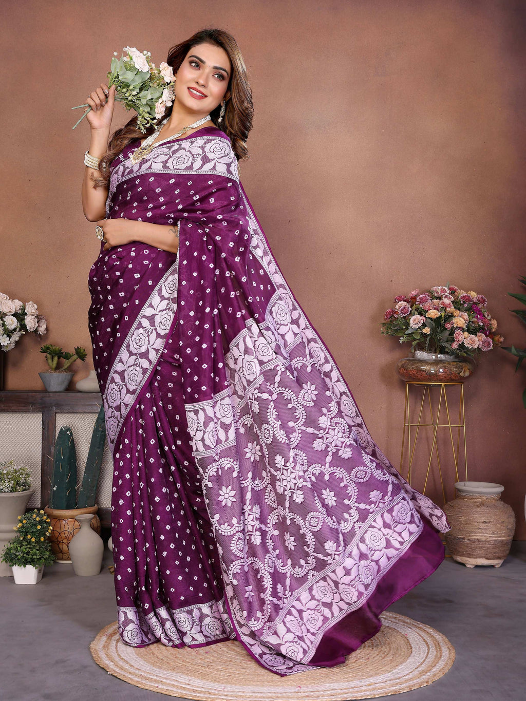 Wine Viscose Silk Saree with Handmade Original Bandhej