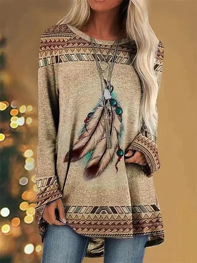 Women's Long Sleeve Graphic Animal Print T-Shirt Tan Relaxed Fit - Image 18