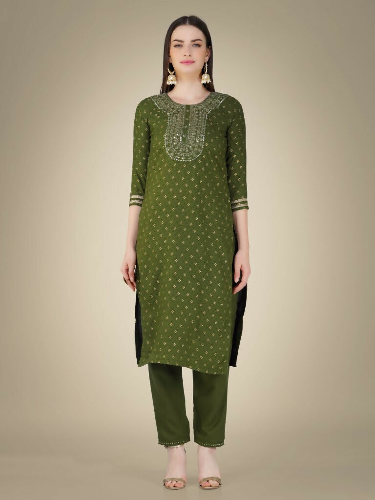 Mehendi Green Geometric Cotton Magic Slub Kurta Set with Gold
