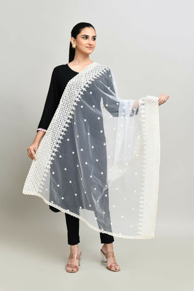 White Cotton Pakistani Karanchi Dupatta with Intricate Embroidery