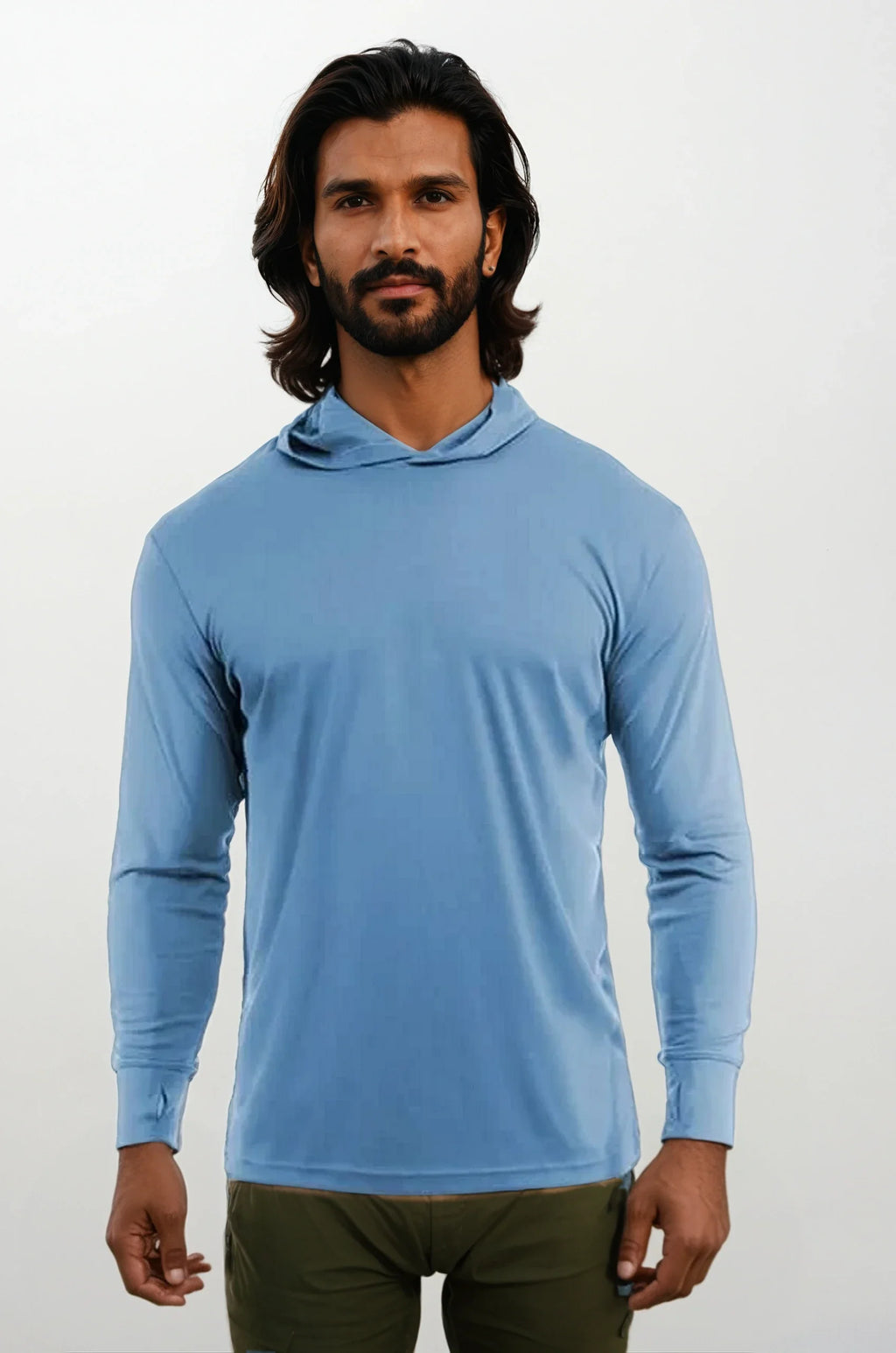 Model wearing a blue long-sleeve performance hoody with UPF 50 protection