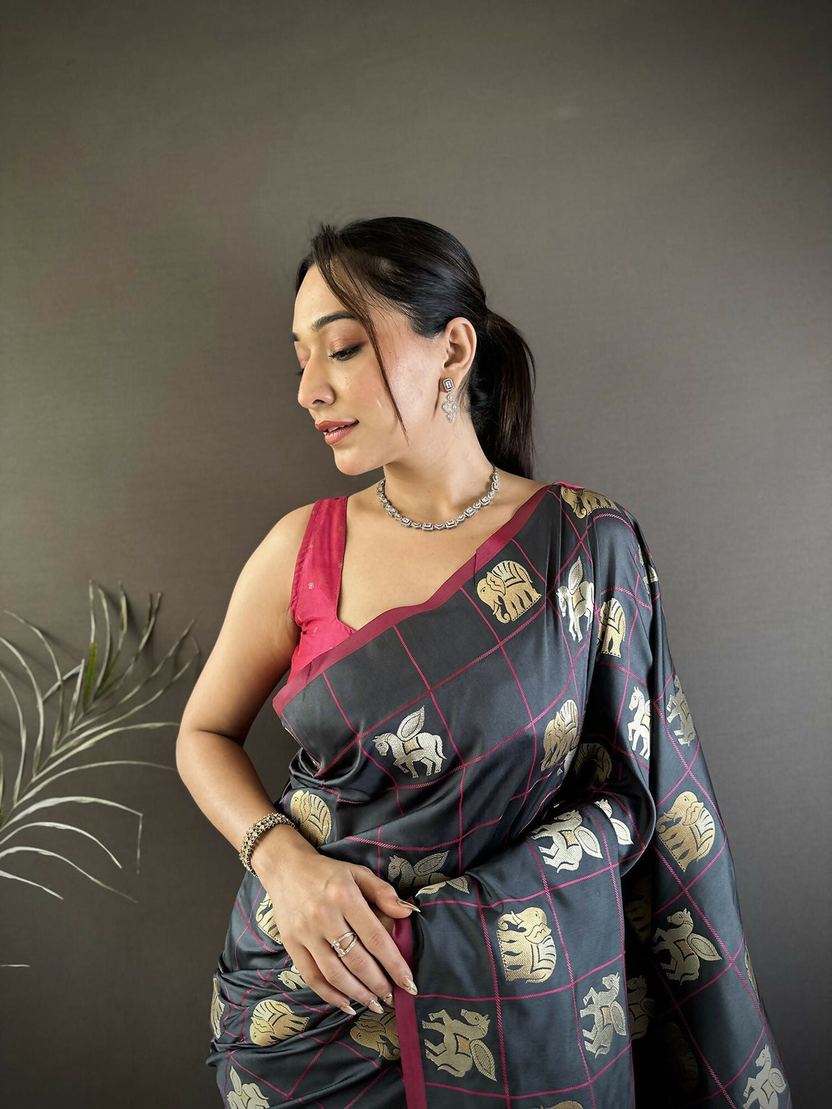 Grey Elephant Motif Soft Silk Banarasi Saree with Red Blouse