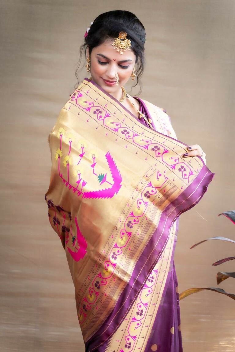 Wine Paithani Silk Saree with Zari Woven Border and Blouse