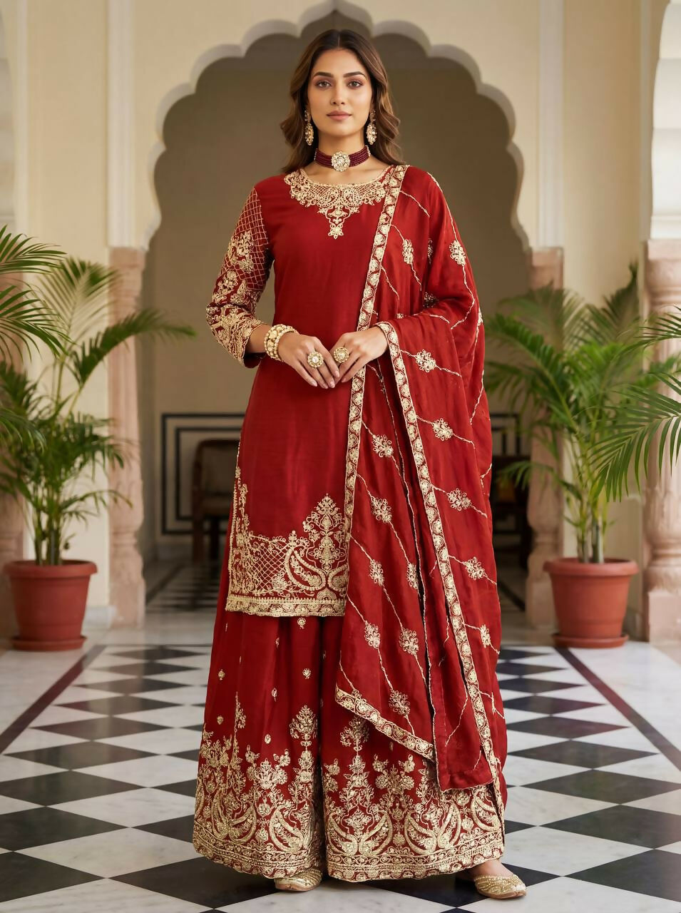 Vibrant red silk kurti set with intricate embroidery and matching sharara
