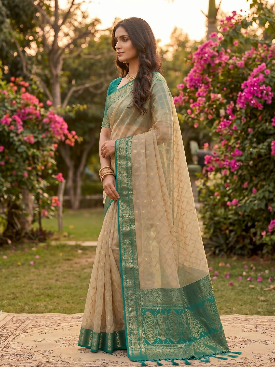 Chiku and Rama Cotton Saree with Matching Blouse