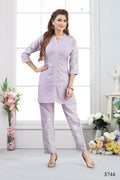 Elegant lylac color kurta set in heavy muslin fabric for women.