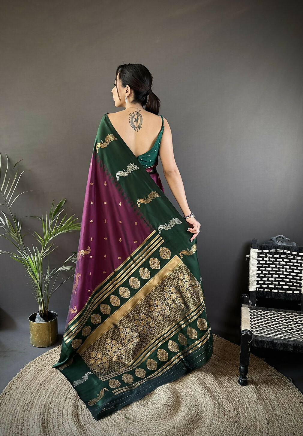 Green Peacock Butti Banarasi Soft Silk Saree with Blouse Piece