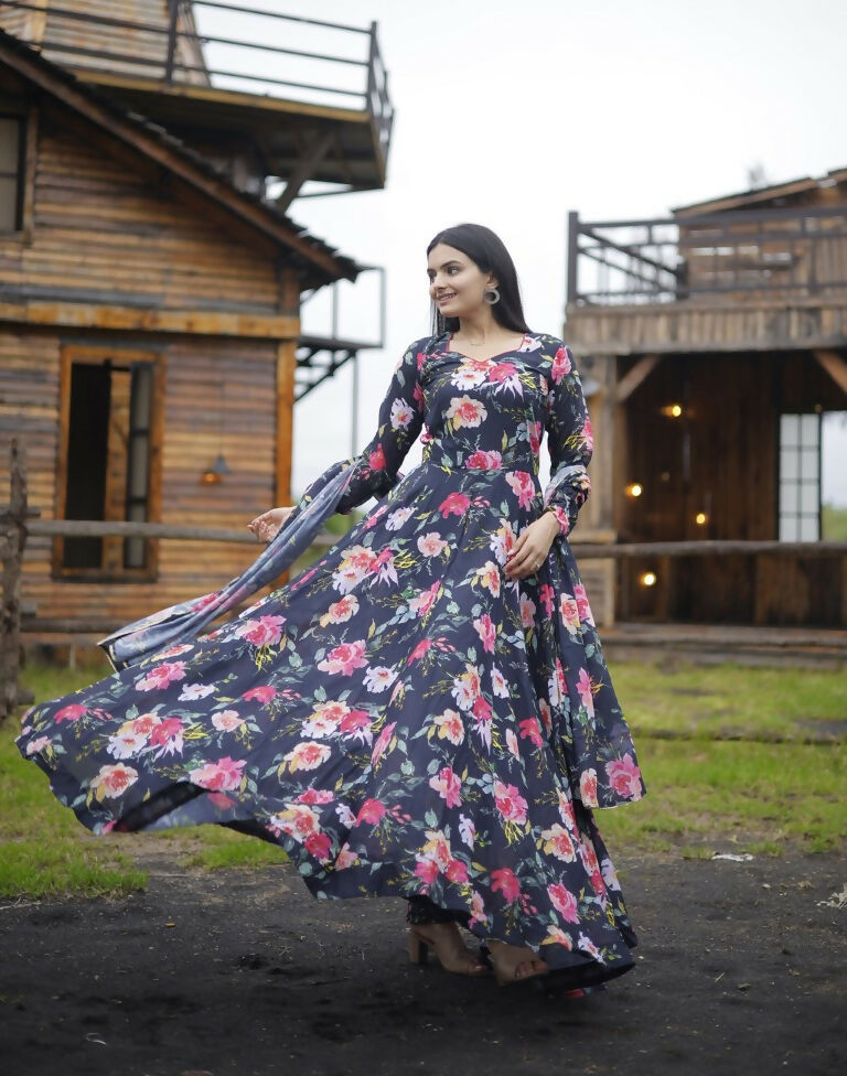 Black Floral Digital Printed Anarkali Dress in Faux Georgette