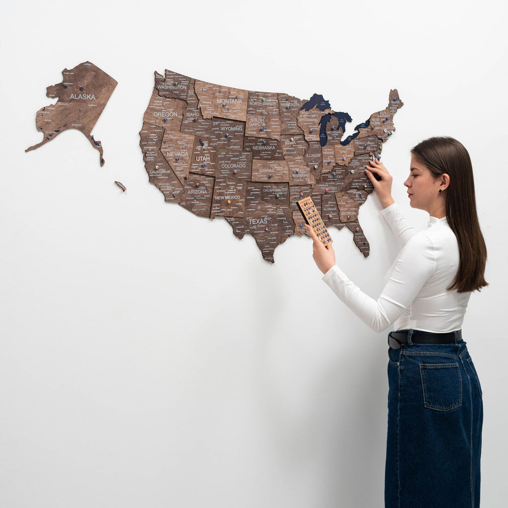 3D USA Wall Map in Dark Walnut - Modern Minimalist Wood Art