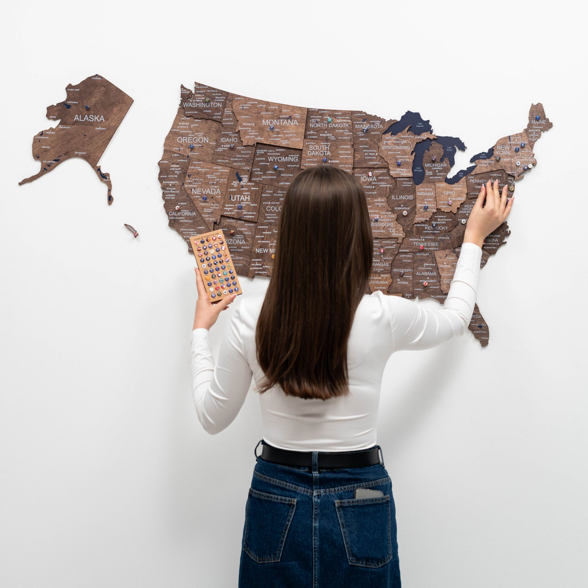 3D USA Wall Map in Dark Walnut - Modern Minimalist Wood Art