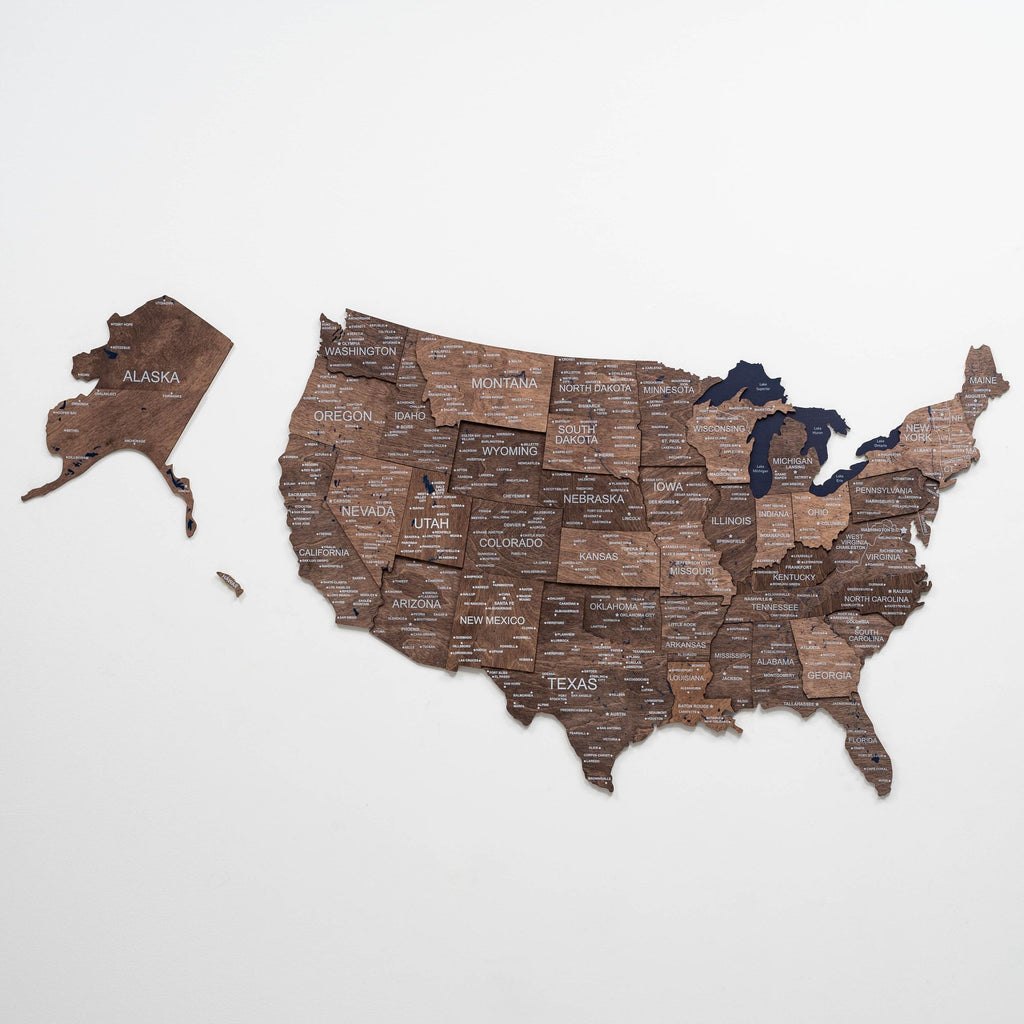 3D USA Wall Map in Dark Walnut - Modern Minimalist Wood Art