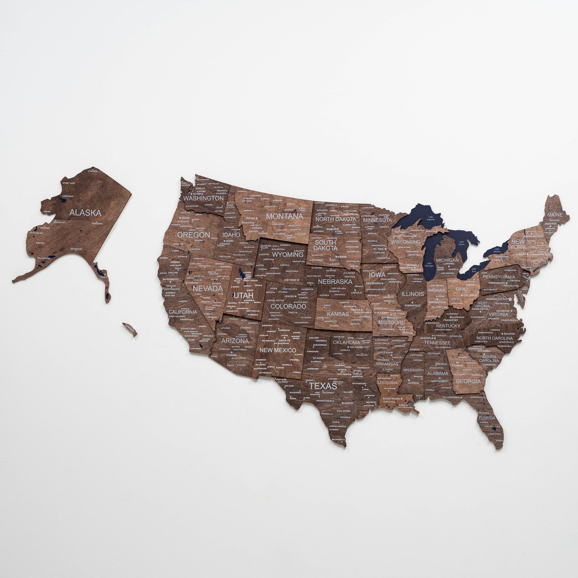 3D USA Wall Map in Dark Walnut - Modern Minimalist Wood Art