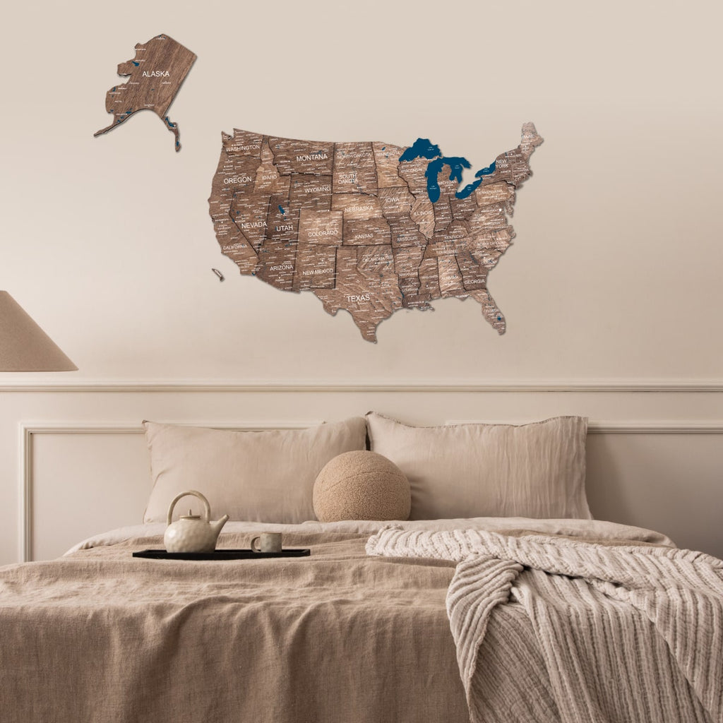 3D USA Wall Map in Dark Walnut - Modern Minimalist Wood Art