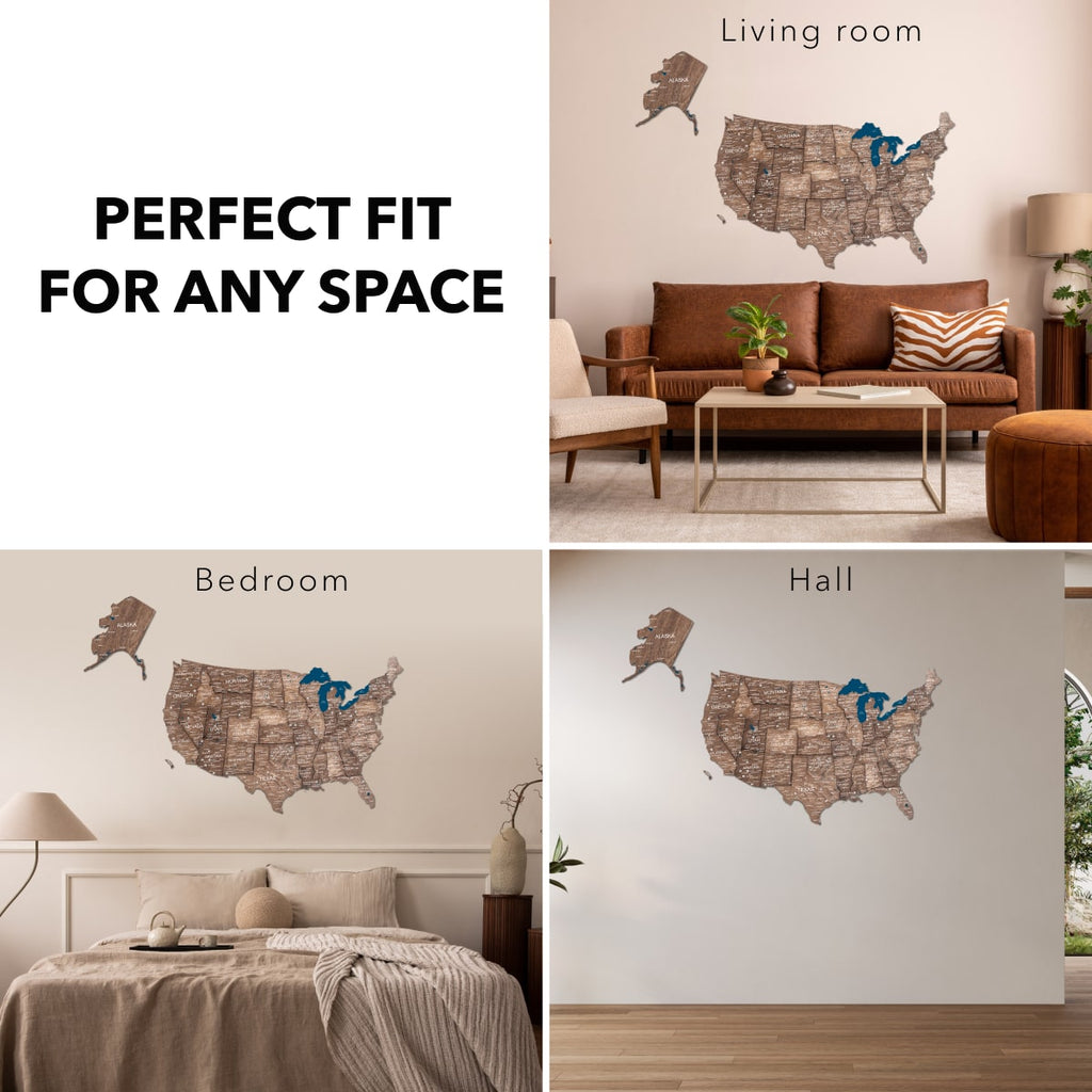 3D USA Wall Map in Dark Walnut - Modern Minimalist Wood Art