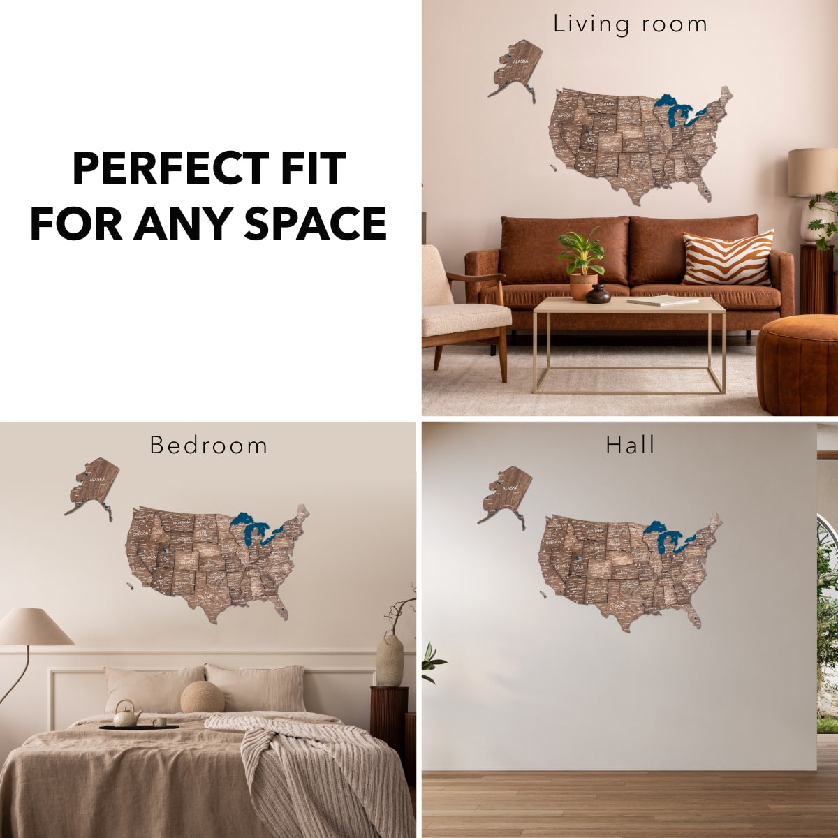 3D USA Wall Map in Dark Walnut - Modern Minimalist Wood Art