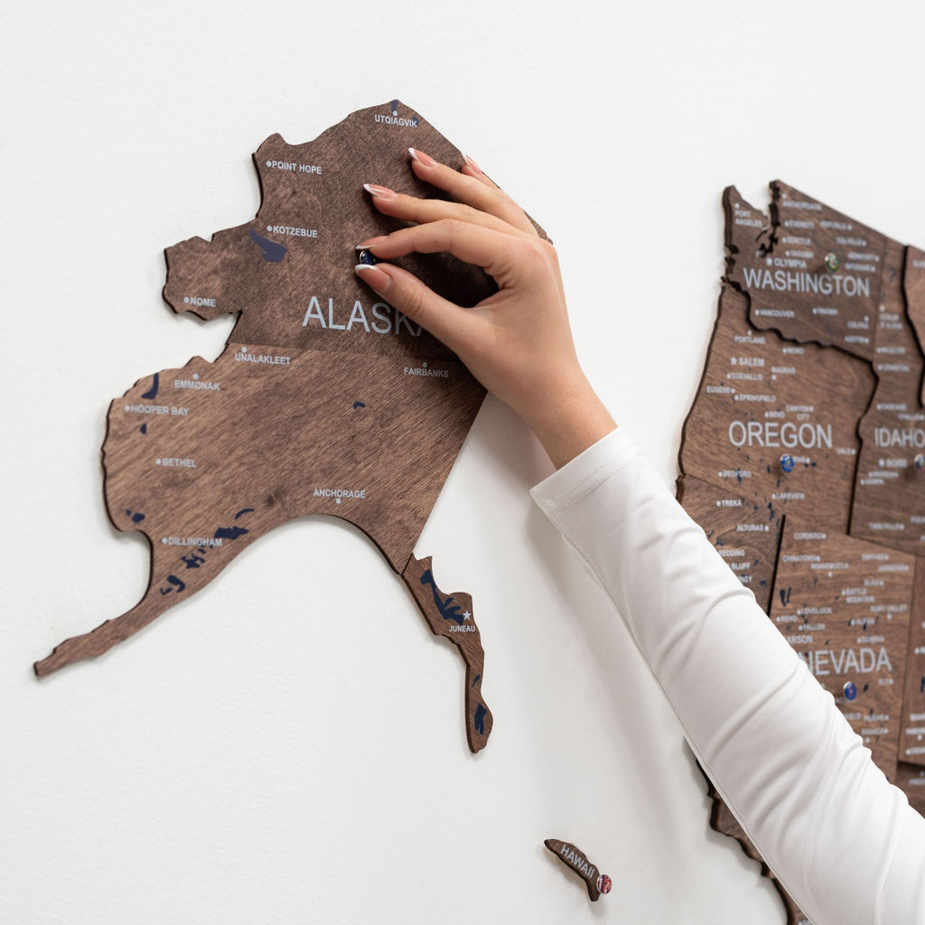 3D USA Wall Map in Dark Walnut - Modern Minimalist Wood Art